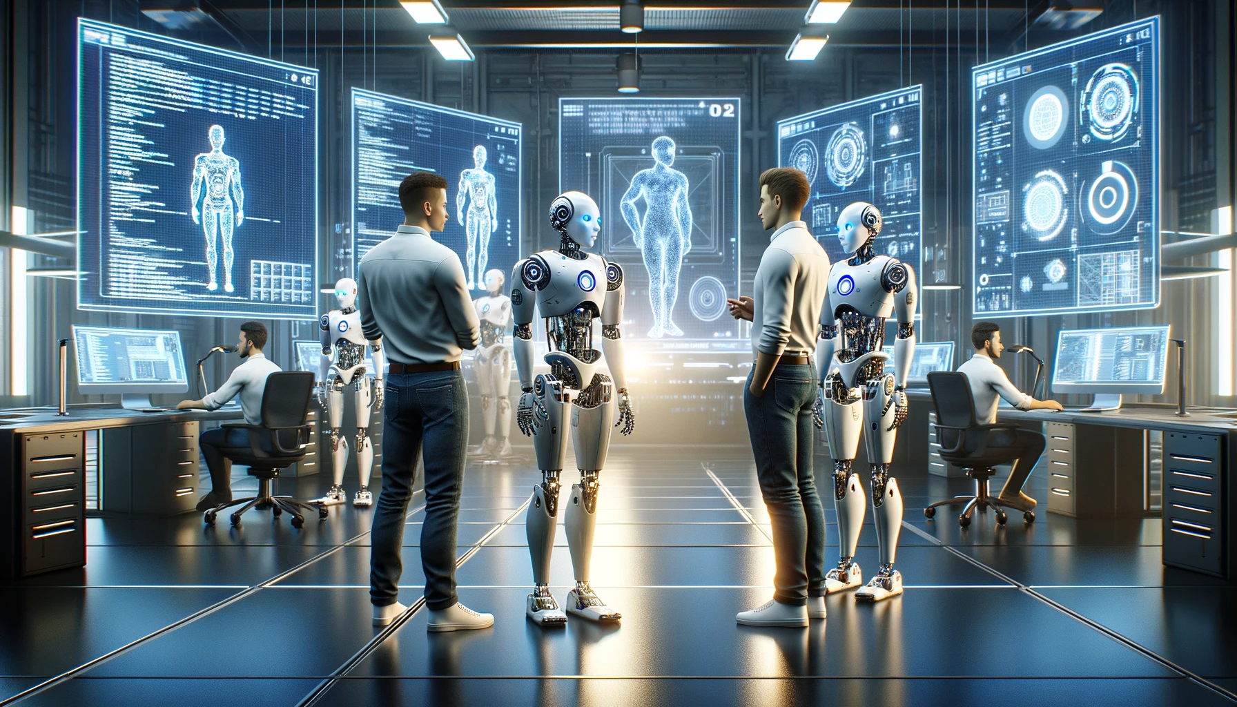 DALL·E 2023-11-12 17.32.15 - In a high-tech lab filled with advanced gadgets and large digital screens displaying code and schematics, two white men stand in front of humanoid rob