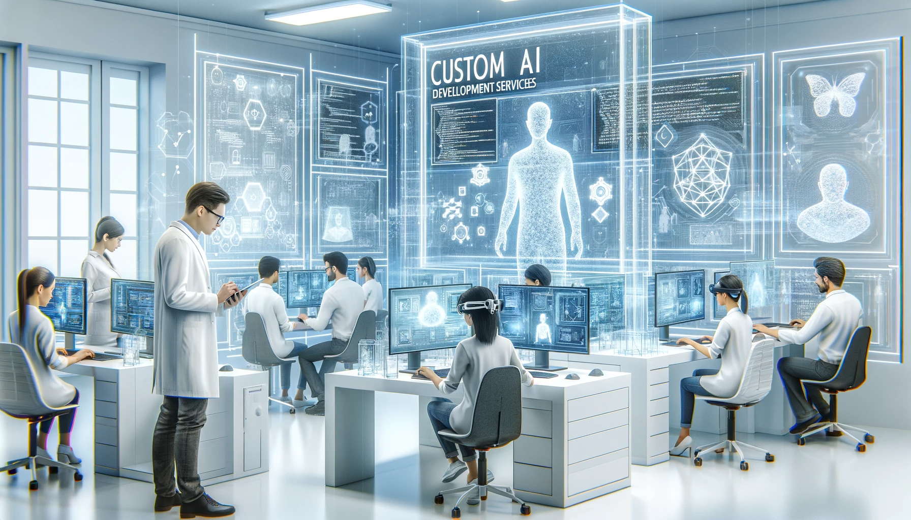 DALL·E 2023-12-06 17.52.59 - A bright, modern scene depicting custom AI development services in a lab with uniformly white walls and background, ensuring no dark corners. The lab
